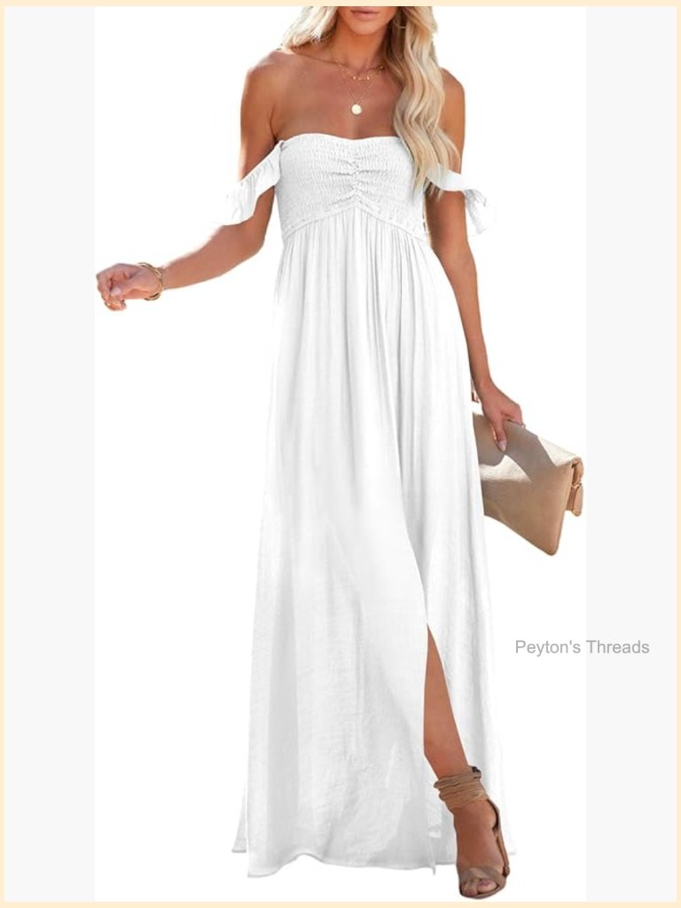 Smocked Off Shoulder Maxi Dress Ruffle Sleeve A Line Side Slit